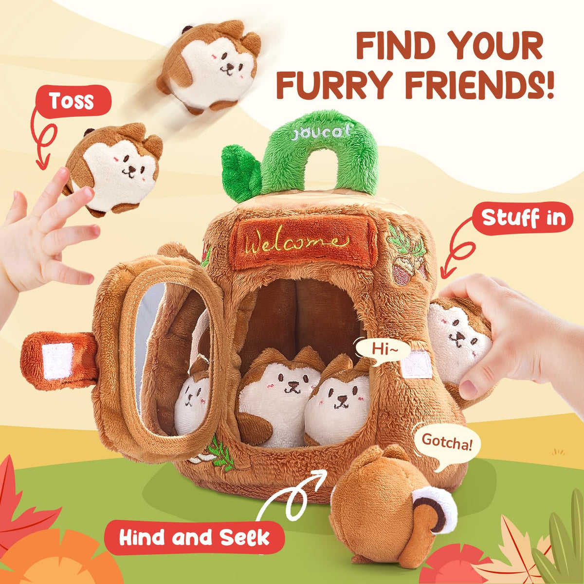 JoyCat treehouse embroidery of mushrooms and acorns adds charming detail for sensory exploration