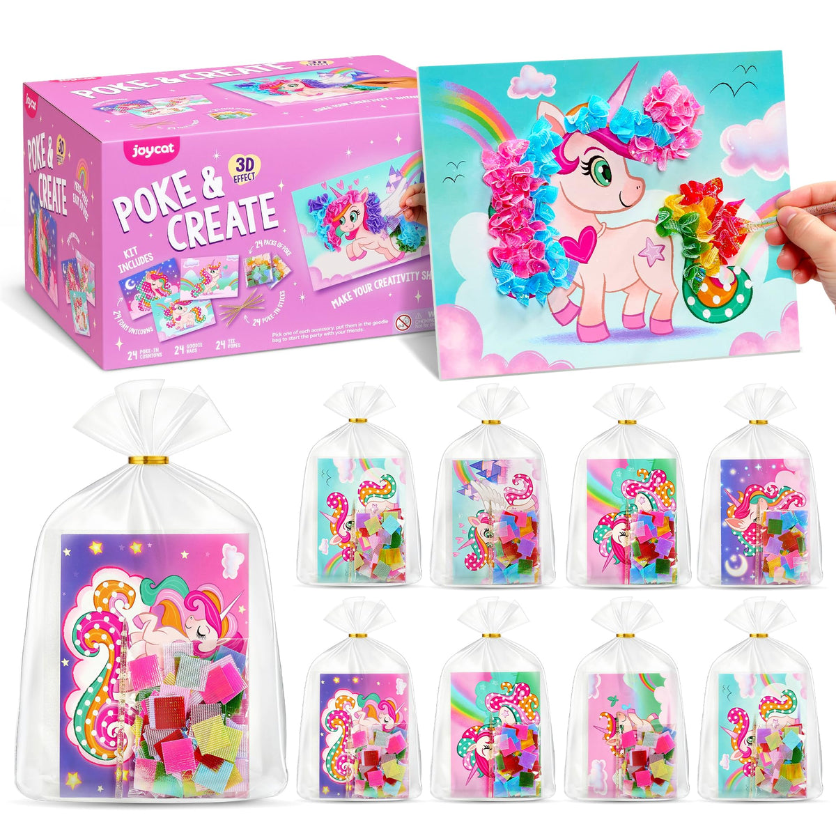 JoyCat unicorn poke art kit assembled showing vibrant textures for kids' hands-on activity