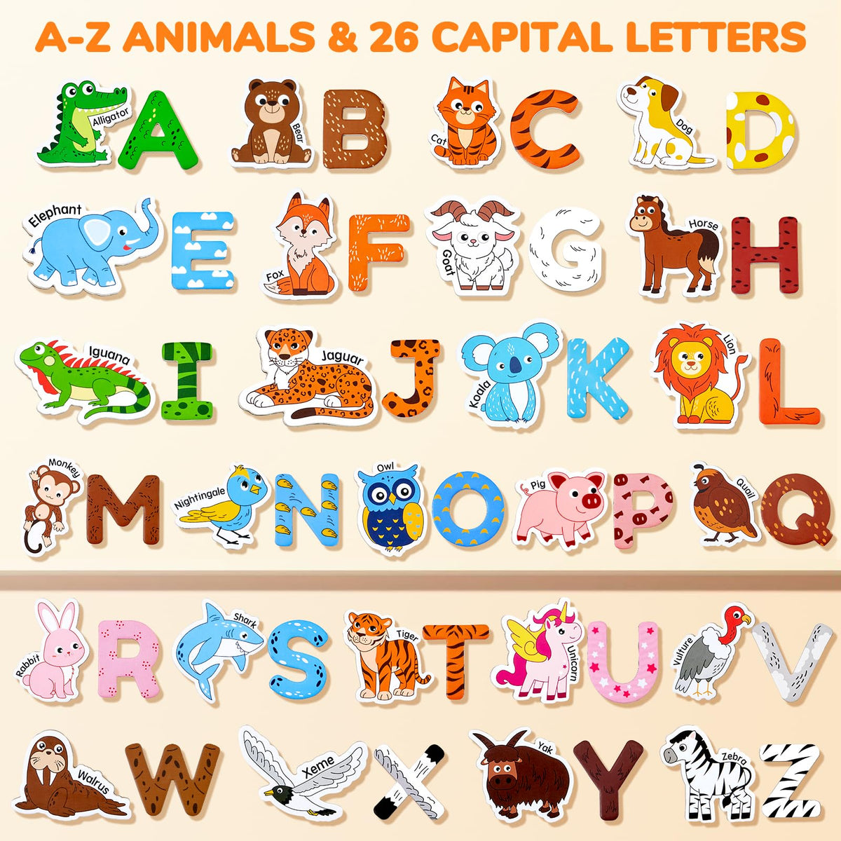 JoyCat magnets showcase animal images with uppercase letters for playful spelling practice