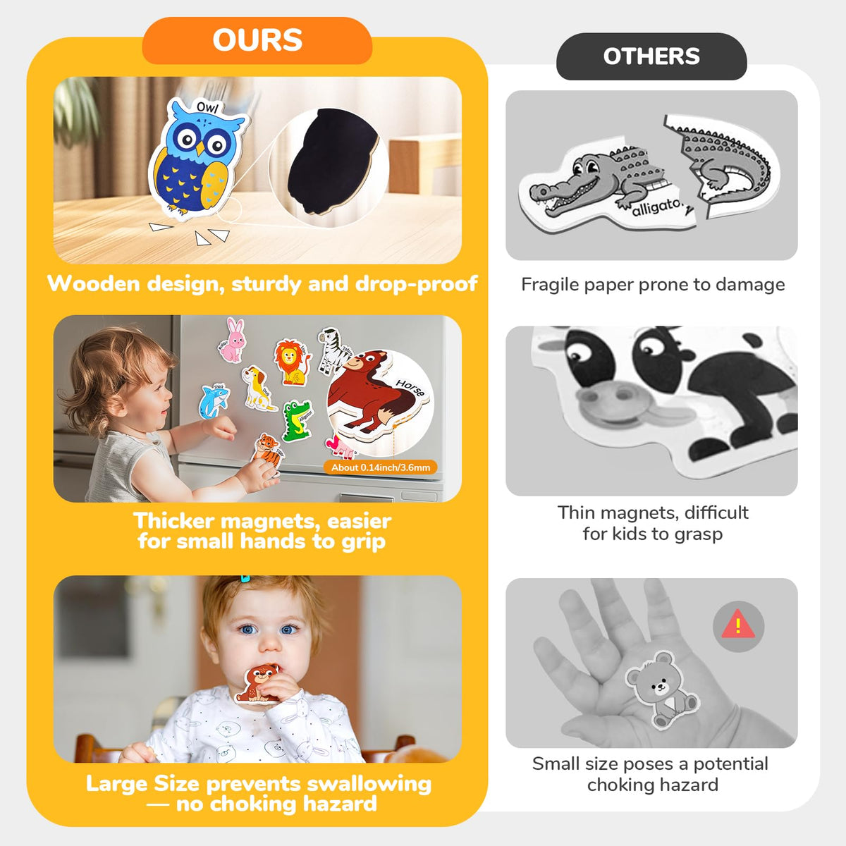 JoyCat toddler magnets with basswood cores and rounded edges support safe animal play
