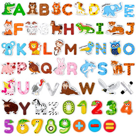 JoyCat wooden magnets with animal icons for engaging early learning on a fridge.