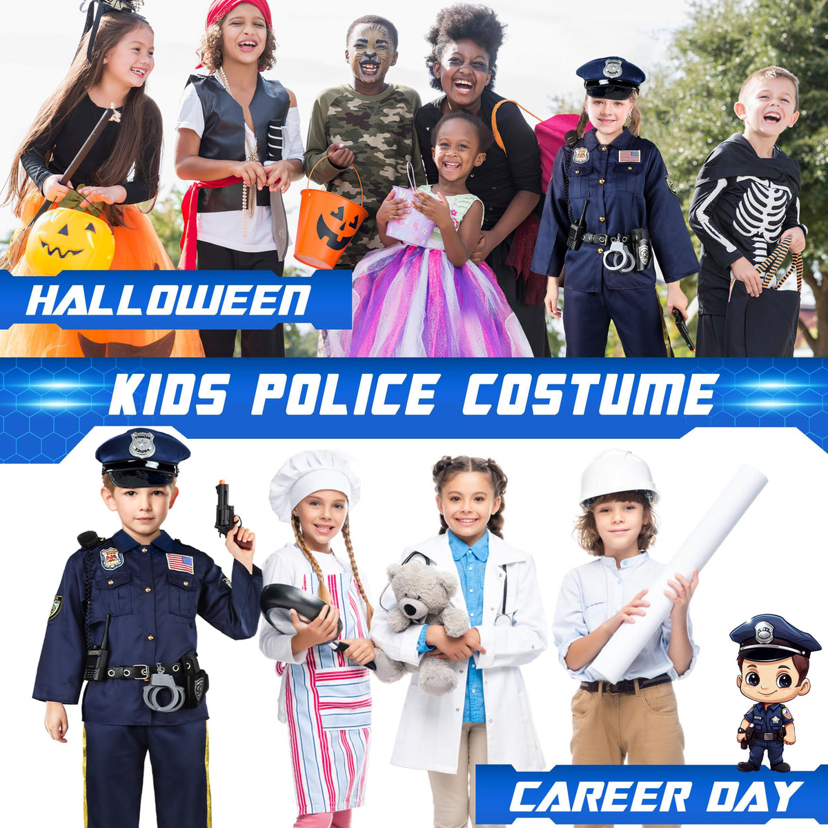 Joycover costume adjustable waistband fits kids ages 3-10.