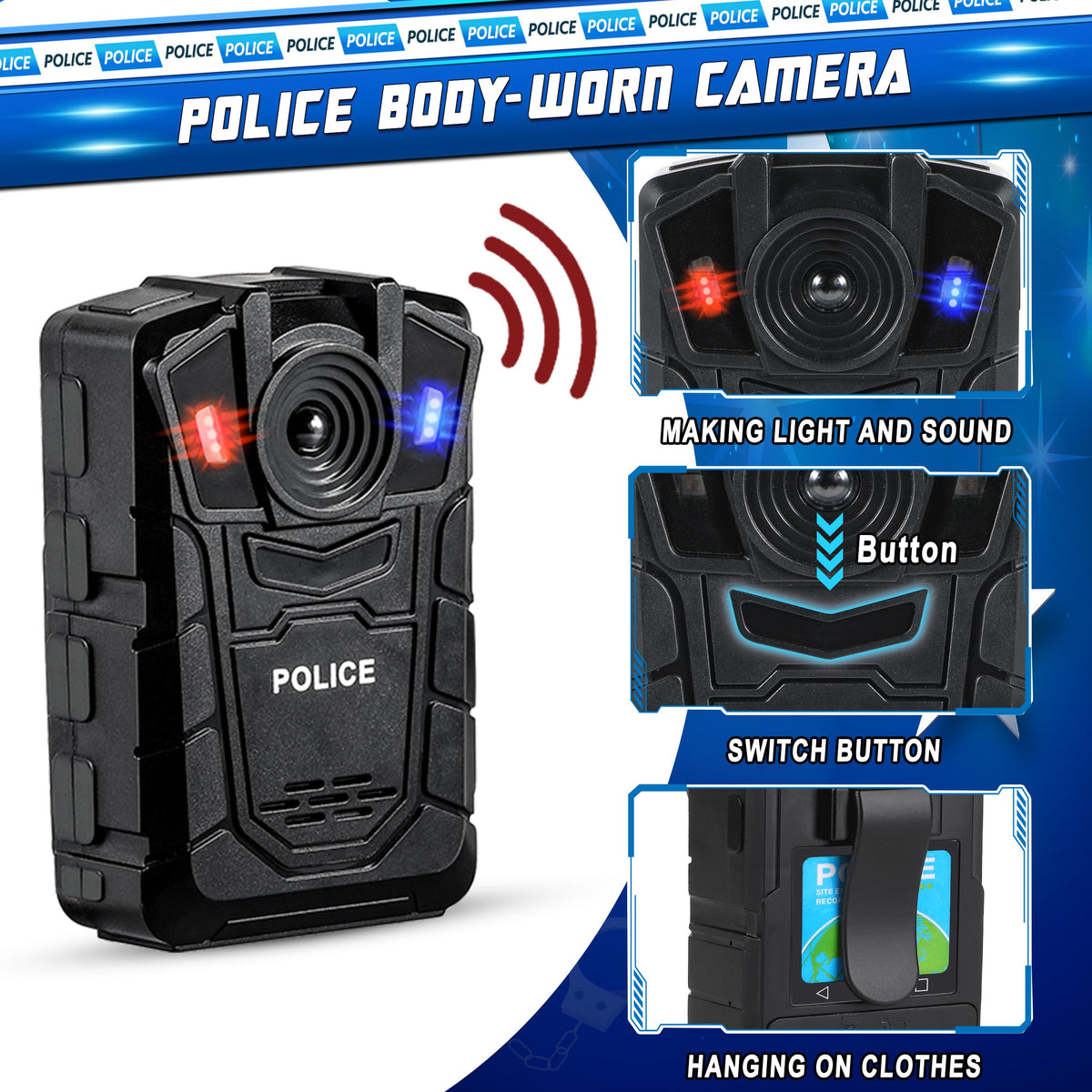 Joycover body-worn police camera with light and sound for realistic pretend policing.
