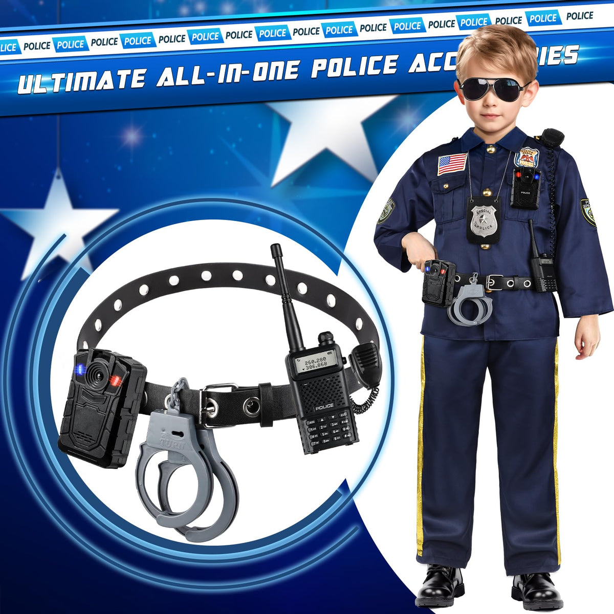 Joycover police sunglasses provide lightweight comfort during dress-up adventures.