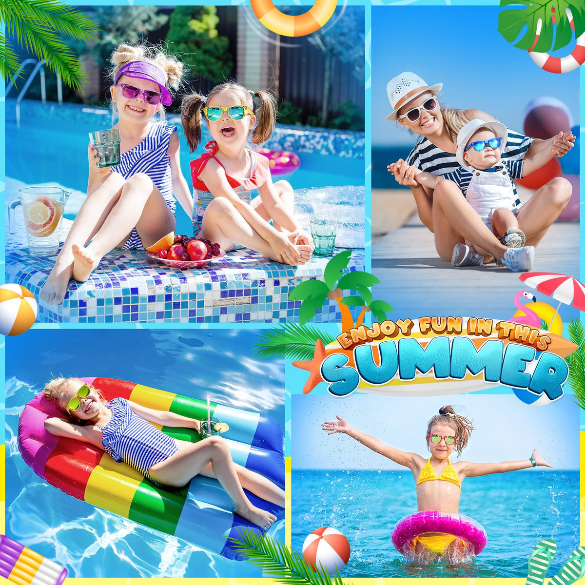 Joycover kids sunglasses as photo-props for summer pool party vibes.