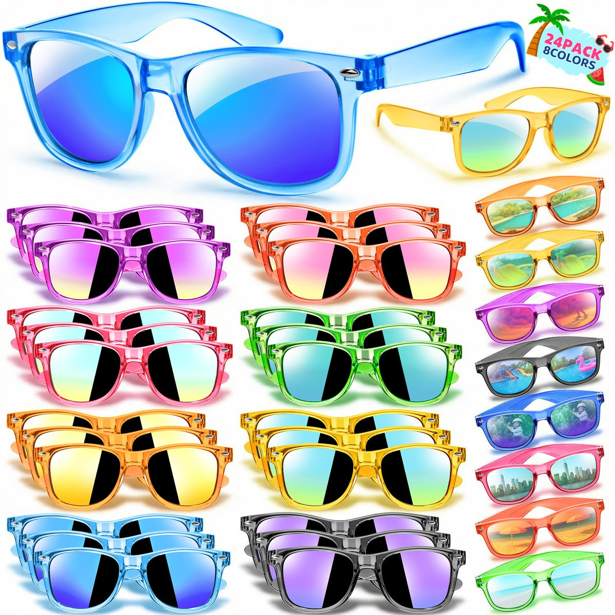 Joycover kids sunglasses with translucent frame and neon lenses for sunny days.