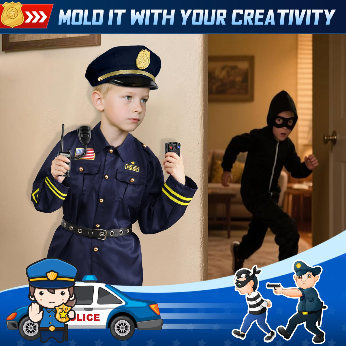 Joycover police costume hat with badge completes the classic officer look.