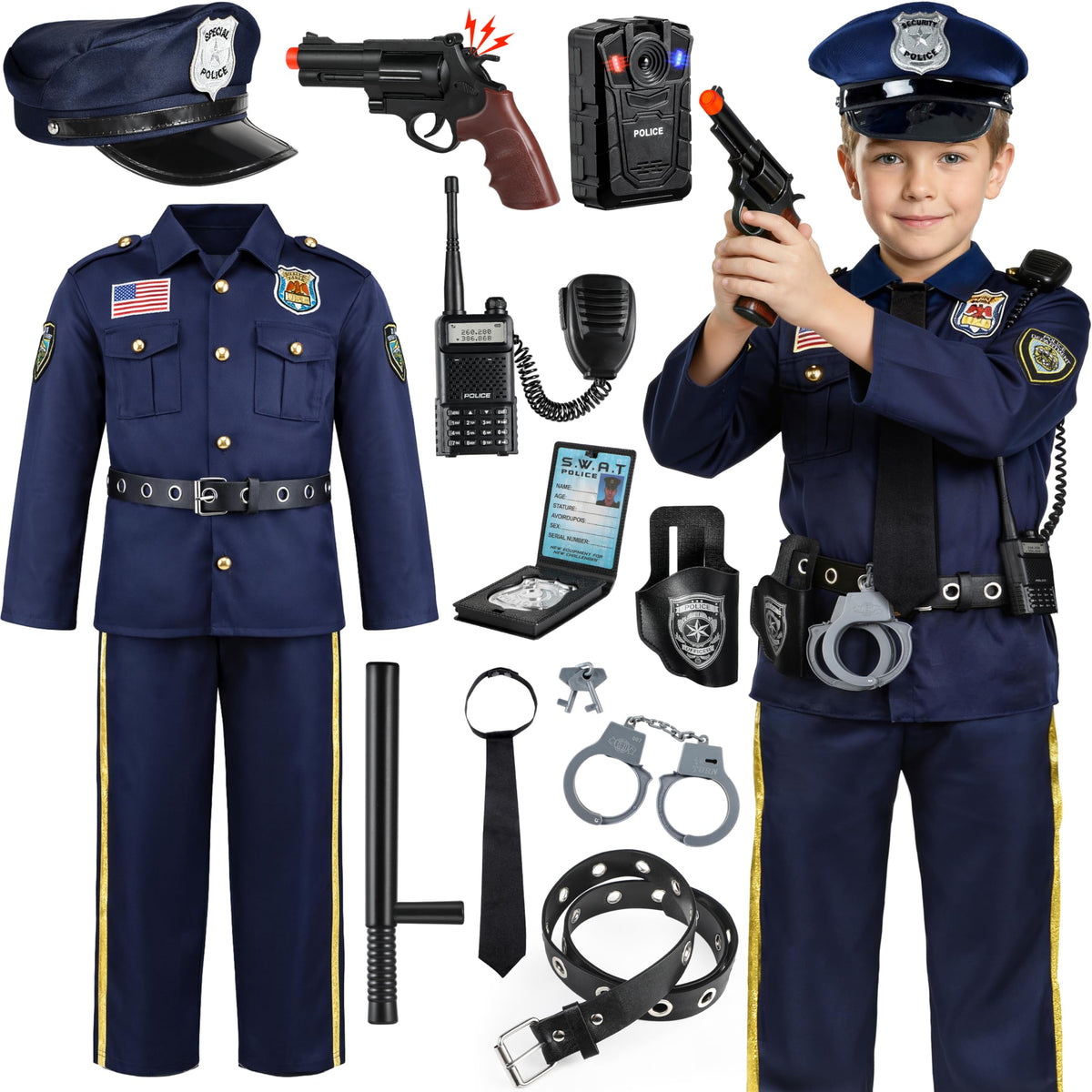 Joycover kids police costume shirt and pants for a vivid Halloween look.