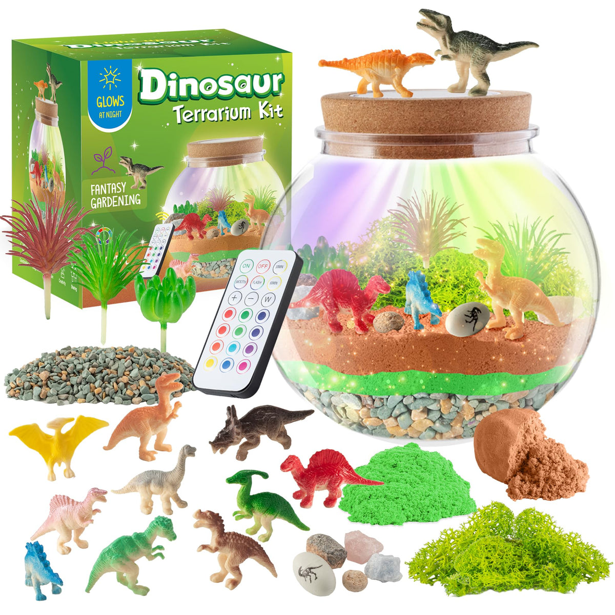 JOYEEMAX Dinosaur Light-Up Terrarium Kit setup creates a colorful, engaging dinosaur world for kids.