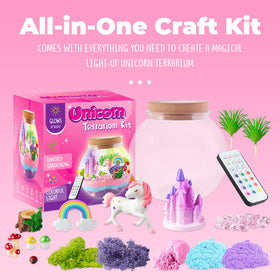 JOYEEMAX Unicorn Light-Up Terrarium Kit components arranged for creative assembly.