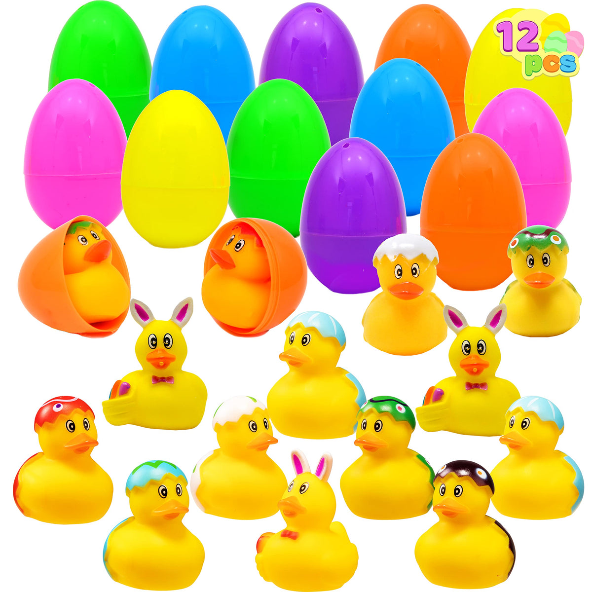 JOYIN 12-pcs filled Easter eggs with duckies for festive egg hunts and bath time play.