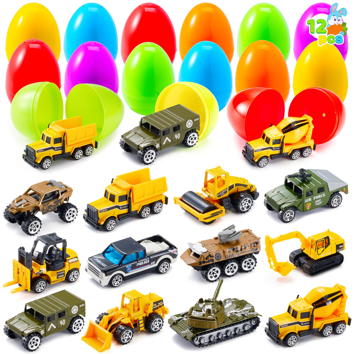 JOYIN 12-pcs prefilled Easter eggs with die-cast vehicles for exciting egg hunts.