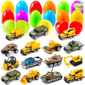 JOYIN 12-pcs prefilled Easter eggs with die-cast vehicles for exciting egg hunts.