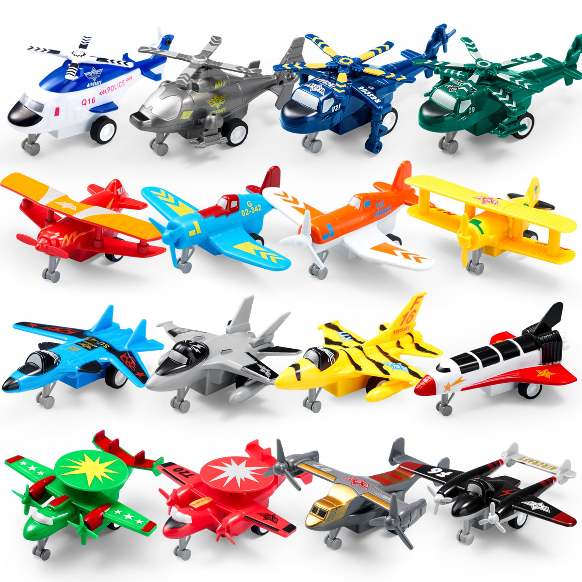 JOYIN 16-pack pull-back airplanes set front view for imaginative play with durable diecast planes
