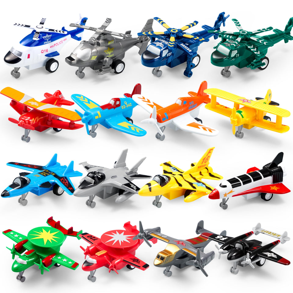 JOYIN 16-pack pull-back airplanes set front view for imaginative play with durable diecast planes