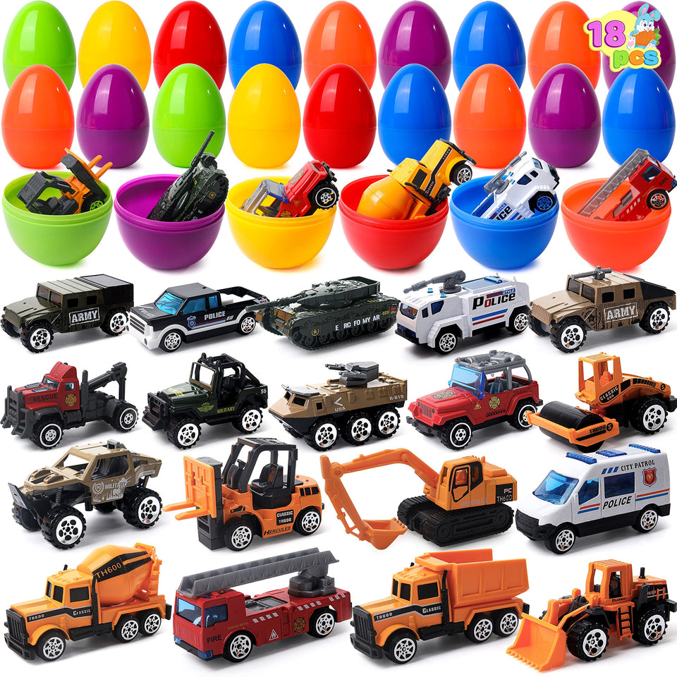 JOYIN 18-pack eggs with die-cast vehicles for kids' treasure hunts.