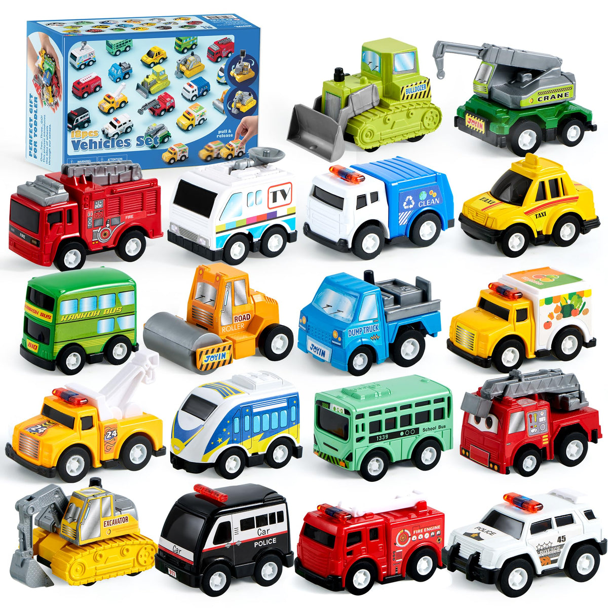 JOYIN 18-piece pull-back city cars set for imaginative play and learning.