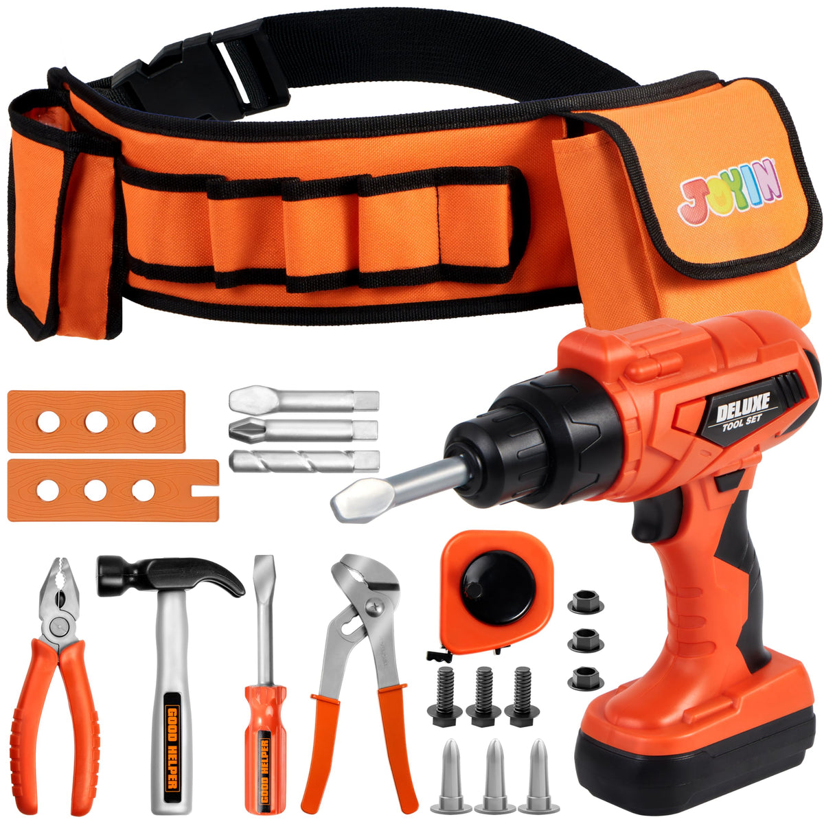 JOYIN 19pcs kids tool set with belt and drill for imaginative role-play and hands-on learning.