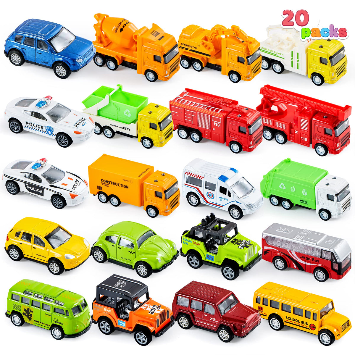 JOYIN pull-back car set shown with kids' hands for easy, safe play