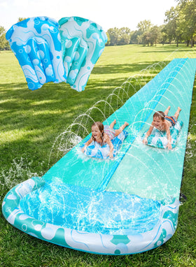JOYIN 22.5ft lawn water slide showing a long slip for backyard fun