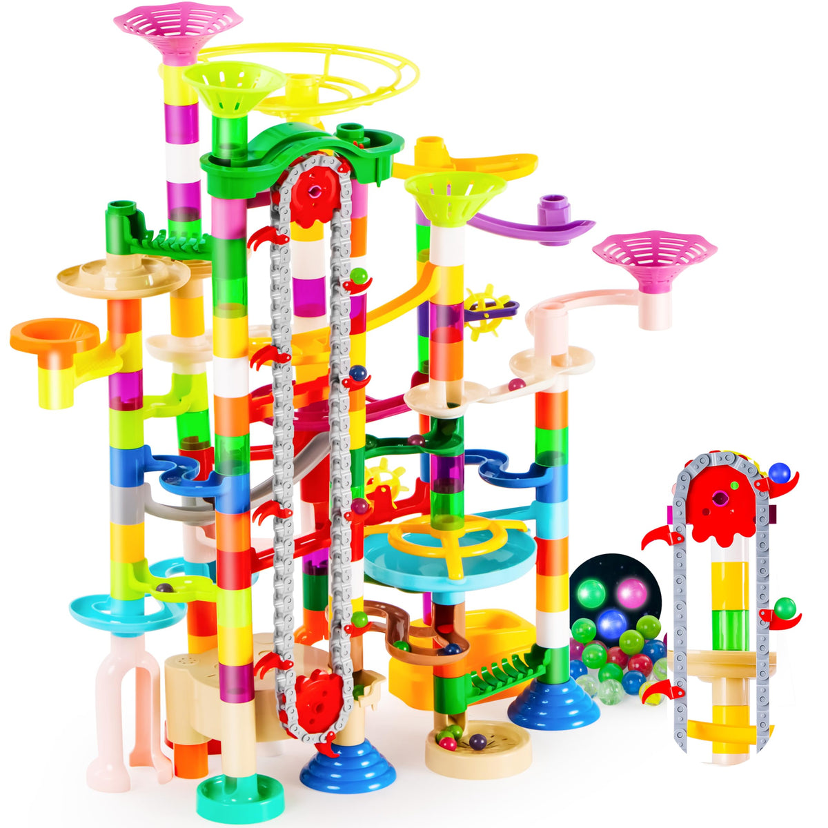 JOYIN 236pcs glowing marble run with elevator highlights a dramatic light-up track for night play