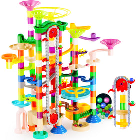 JOYIN 236pcs glowing marble run with elevator highlights a dramatic light-up track for night play