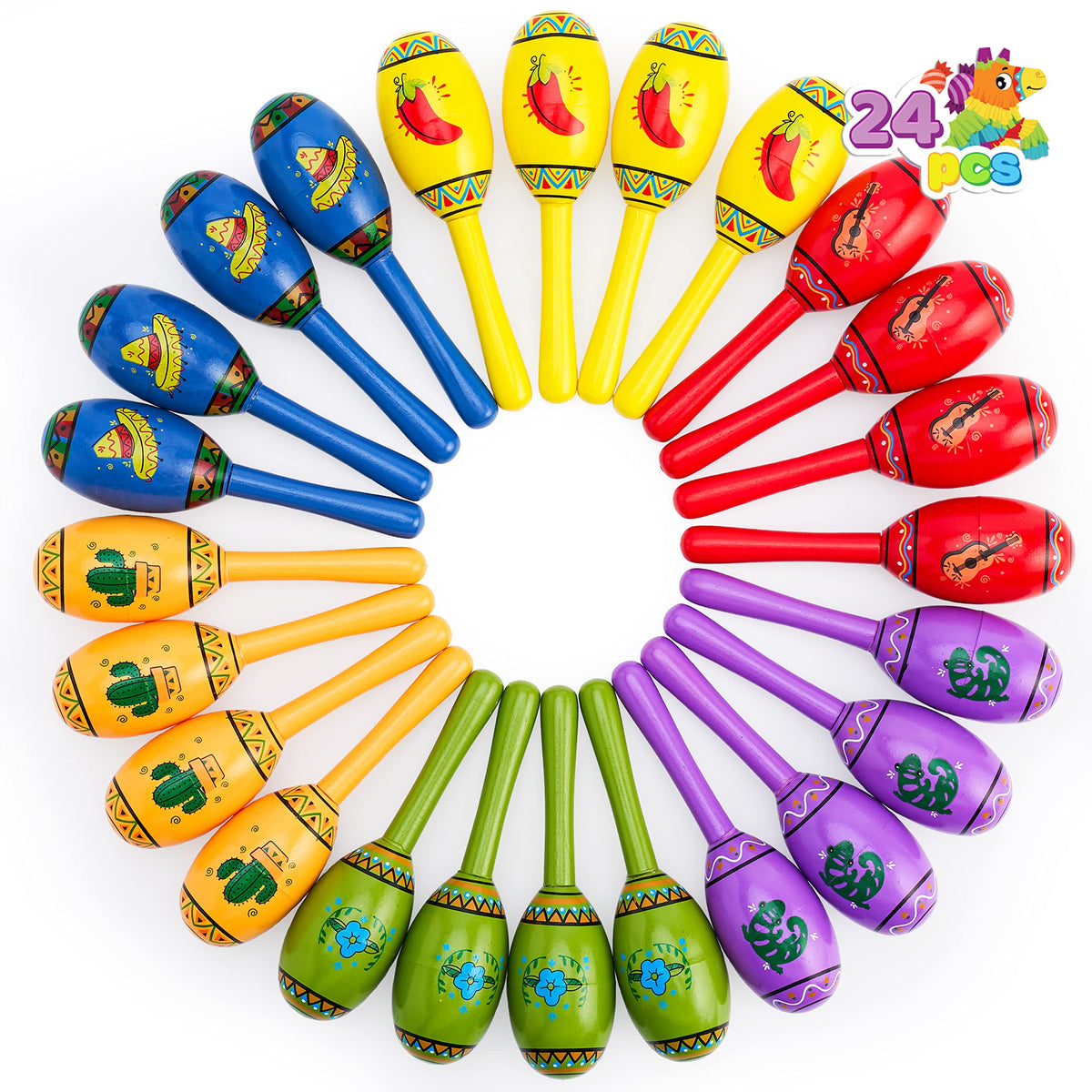 JOYIN 24 mini wooden fiesta maracas in a multi-color set for lively party ambiance.