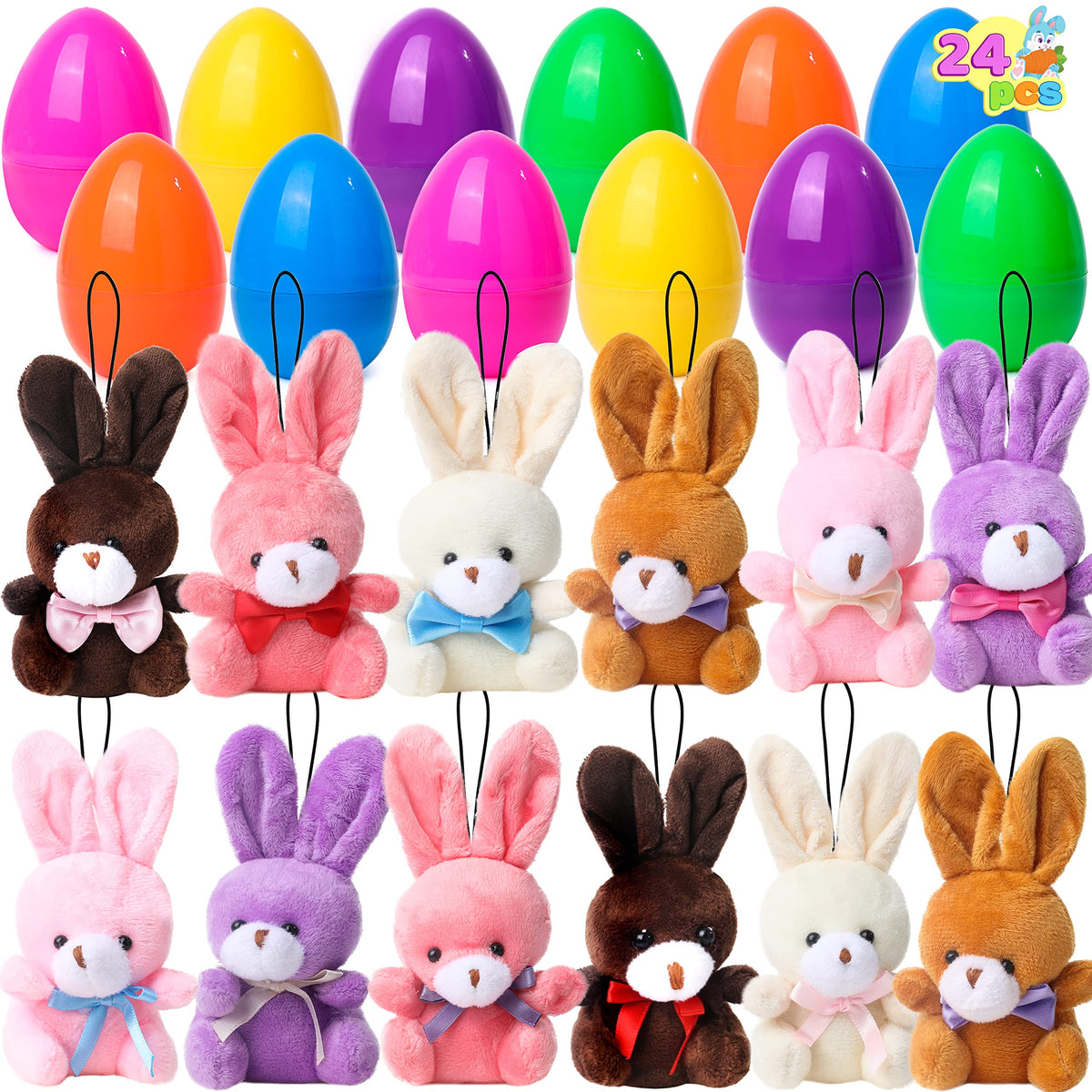 JOYIN 24-filled Easter eggs with colorful plush bunnies ready for an egg hunt.