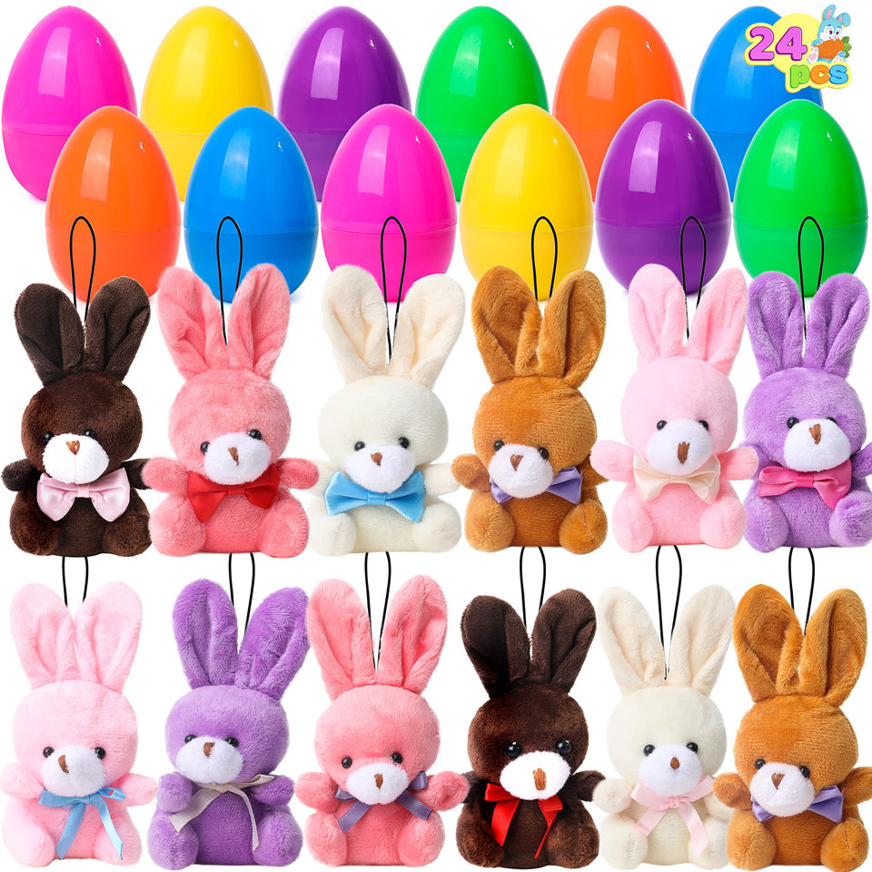 JOYIN 24-filled Easter eggs with colorful plush bunnies ready for an egg hunt.