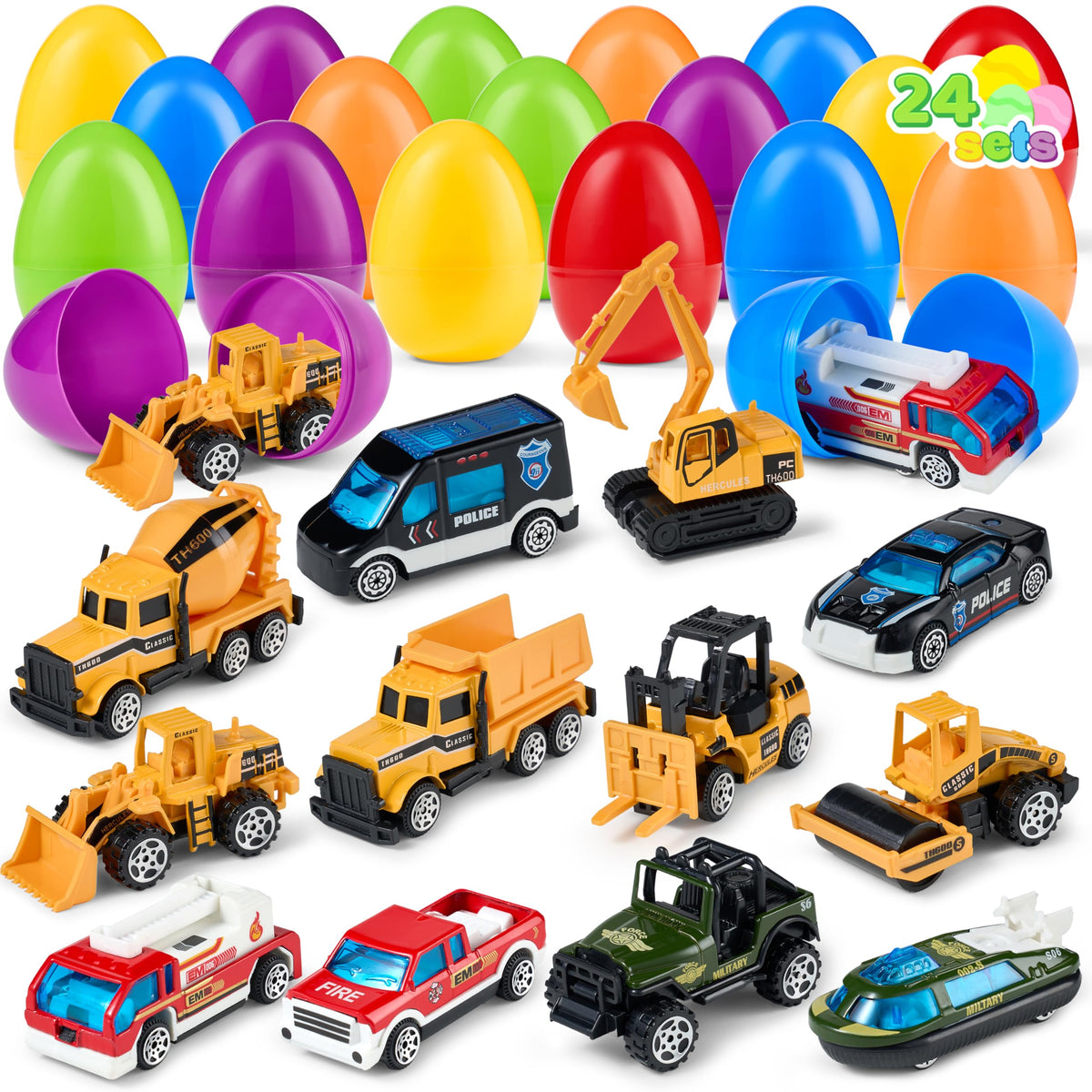 JOYIN 24-pcs pre-filled Easter eggs with die-cast cars, front view, ideal party favors.