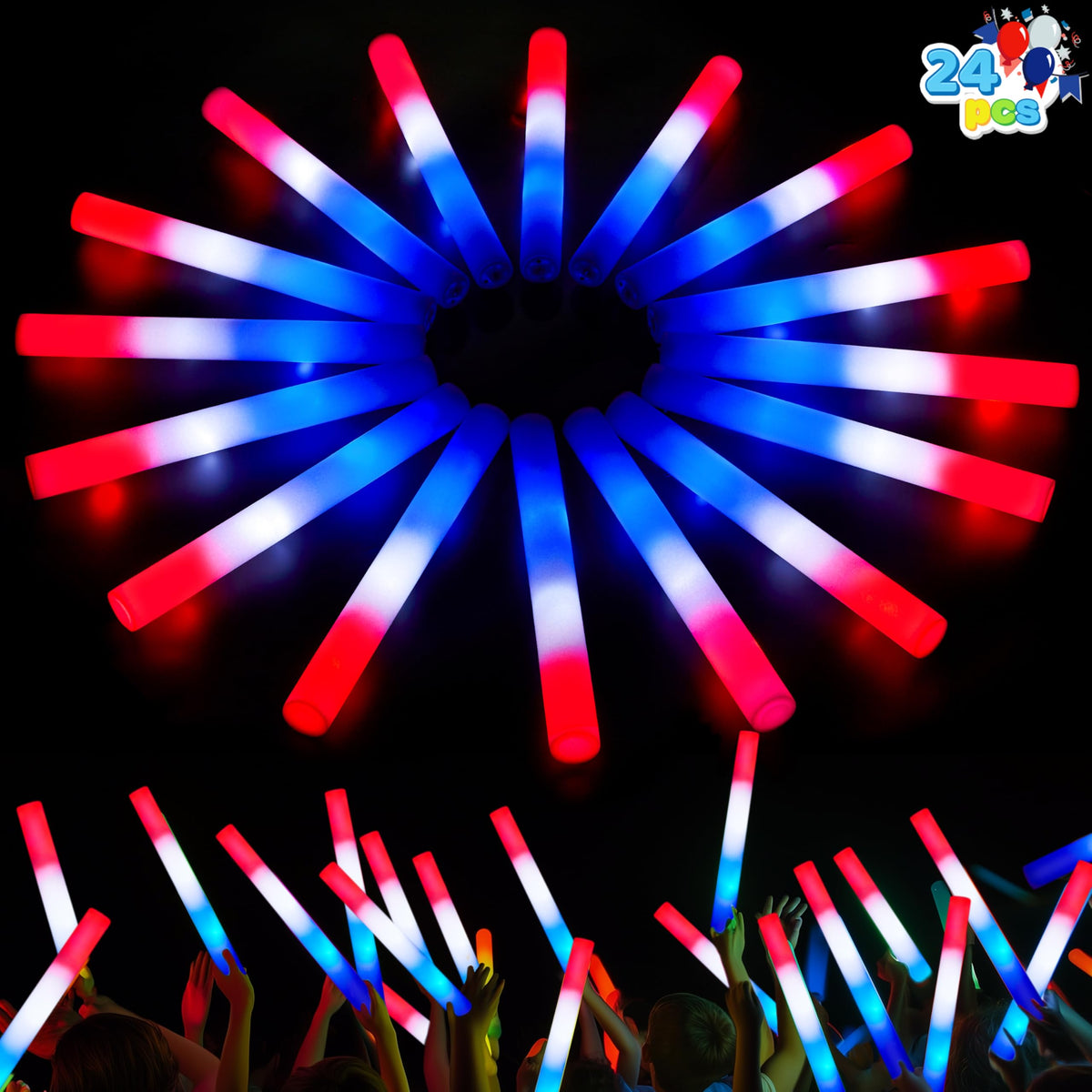 JOYIN 24Pcs July 4th foam sticks in red white blue glow for festive crowds