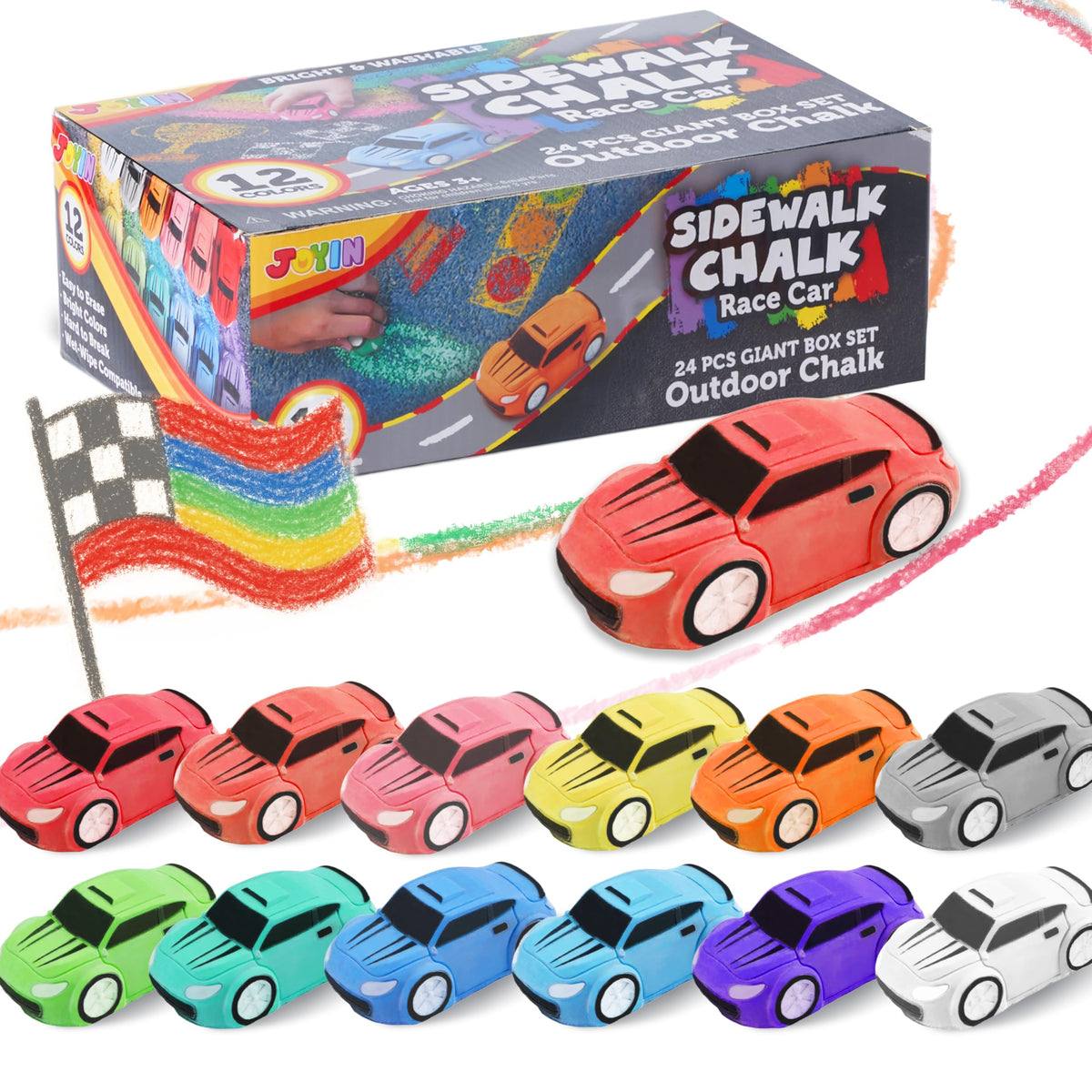 JOYIN 24pcs race car sidewalk chalk pack for kids, non toxic and washable.