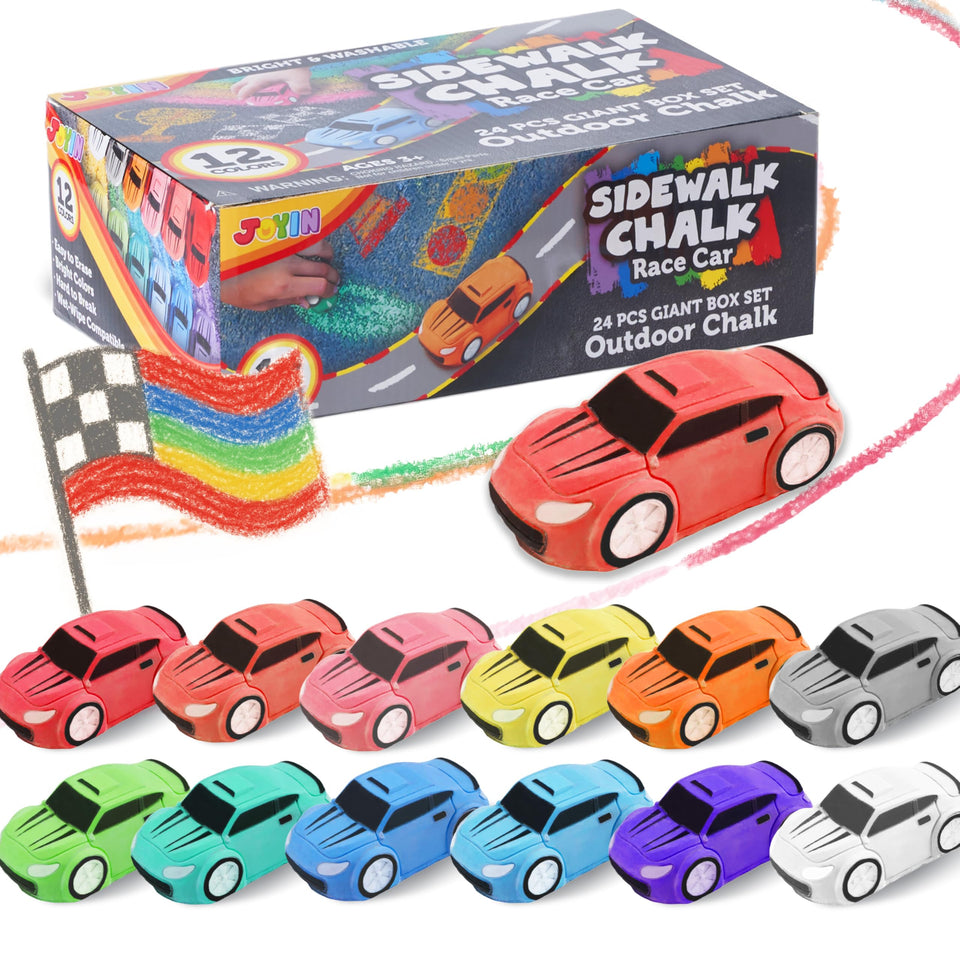 JOYIN 24pcs race car sidewalk chalk pack for kids, non toxic and washable.