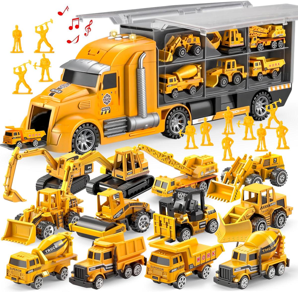 JOYIN 25-in-1 construction truck carrier showcases 12 trucks for imaginative play and fine motor skills.