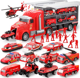 JOYIN 25-in-1 fire-truck set carrier image showing included vehicles for imaginative play