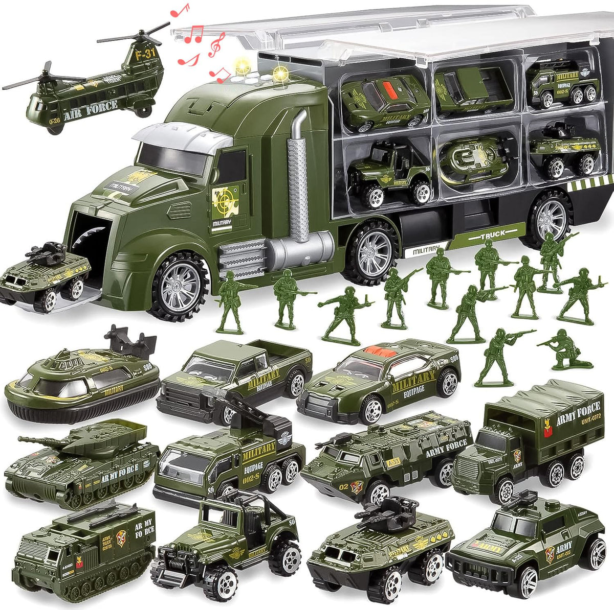 JOYIN 25-in-1 military truck set carrier truck with lights for interactive play.