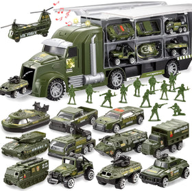 JOYIN 25-in-1 military truck set carrier truck with lights for interactive play.