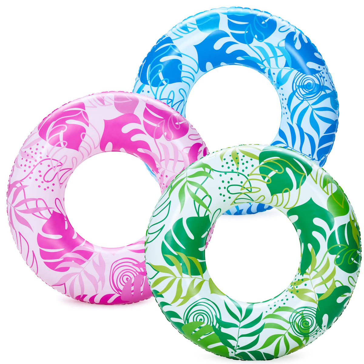 JOYIN 3-pack pool floats with tropical leaves ring design for sunny pool days.
