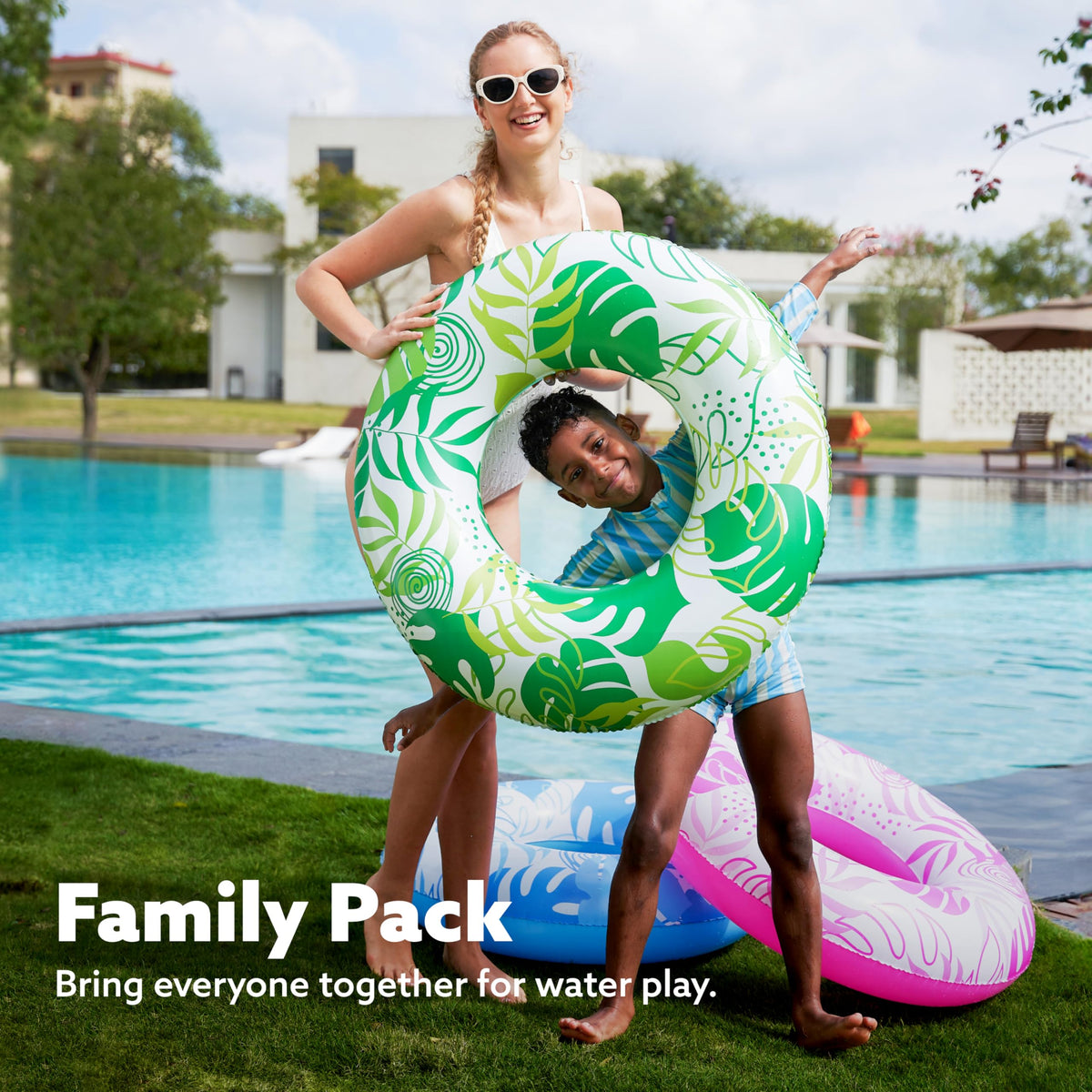 JOYIN 32-inch pool float featuring tropical leaves design for relaxing lounging.