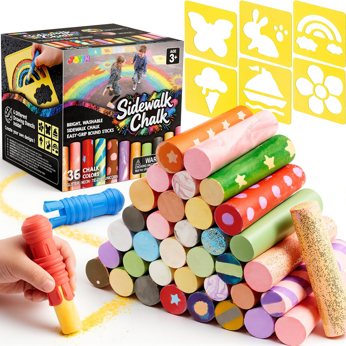 JOYIN 36pc chalk set with glitter colors for vibrant sidewalk art outdoors