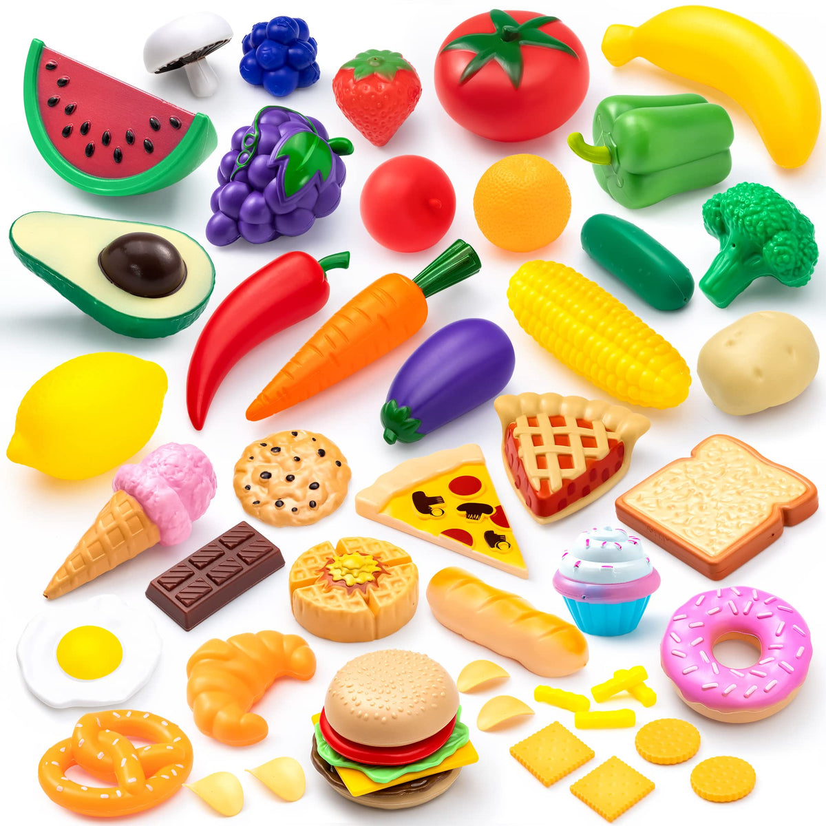 JOYIN 50-piece kitchen toy set shows dummy fruits and vegetables for imaginative play benefits.