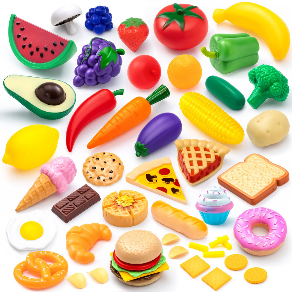 JOYIN 50-piece kitchen toy set shows dummy fruits and vegetables for imaginative play benefits.
