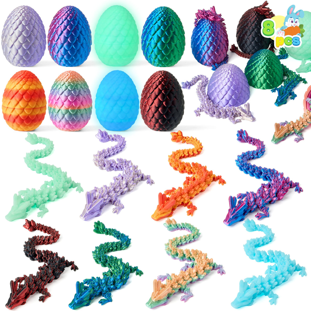 JOYIN 8-pack dragon eggs with colorful dragons inside for imaginative Easter hunts.