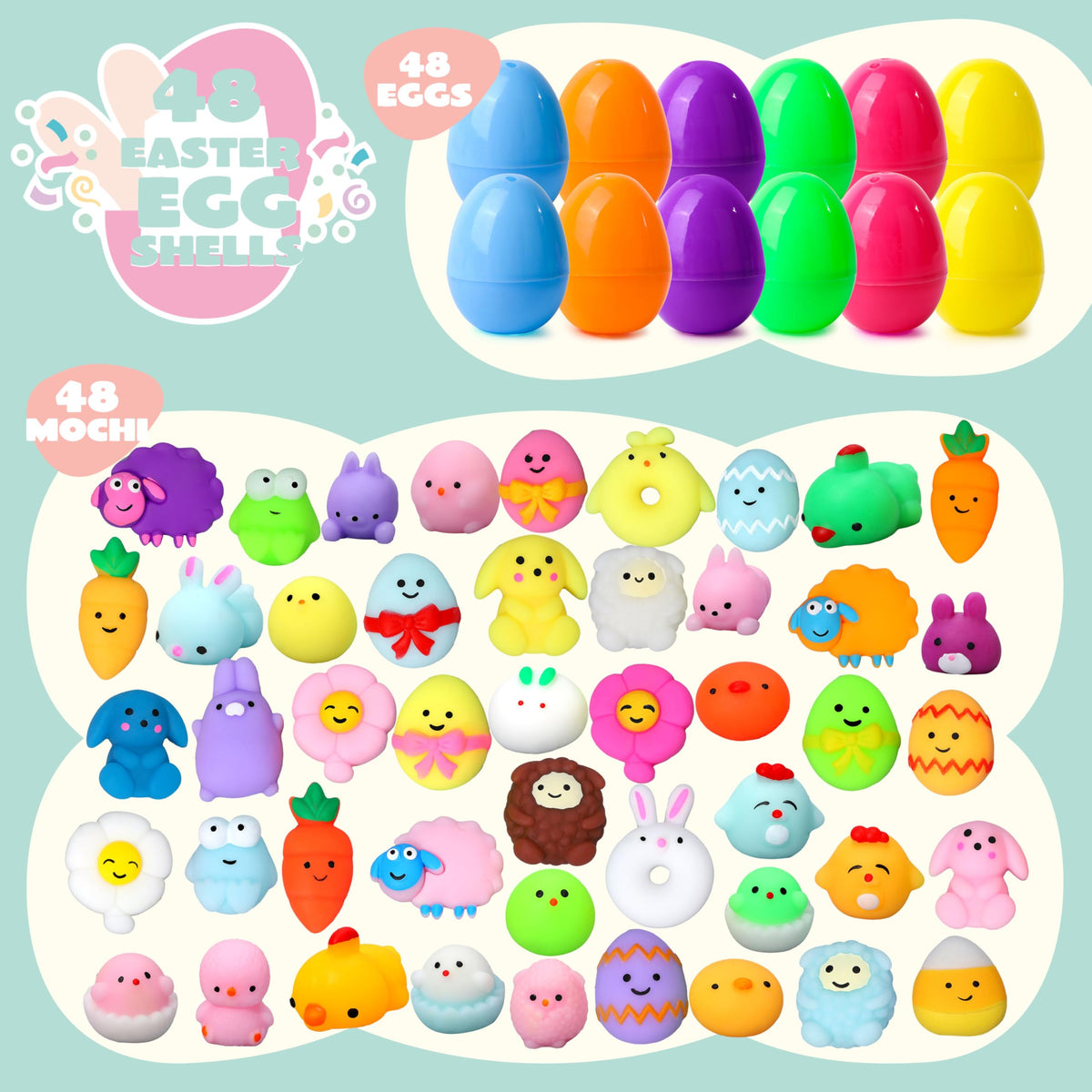Bright eggs reveal soft mochi squishies inside for tactile fun