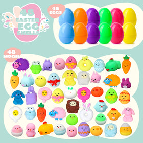 Bright eggs reveal soft mochi squishies inside for tactile fun