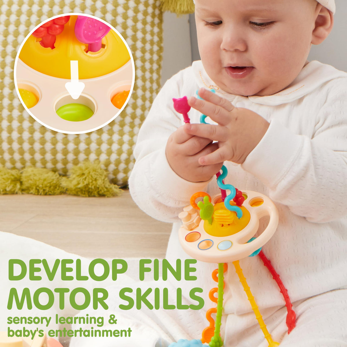 JOYIN pull-string toy encourages reaching and engagement during tummy time.
