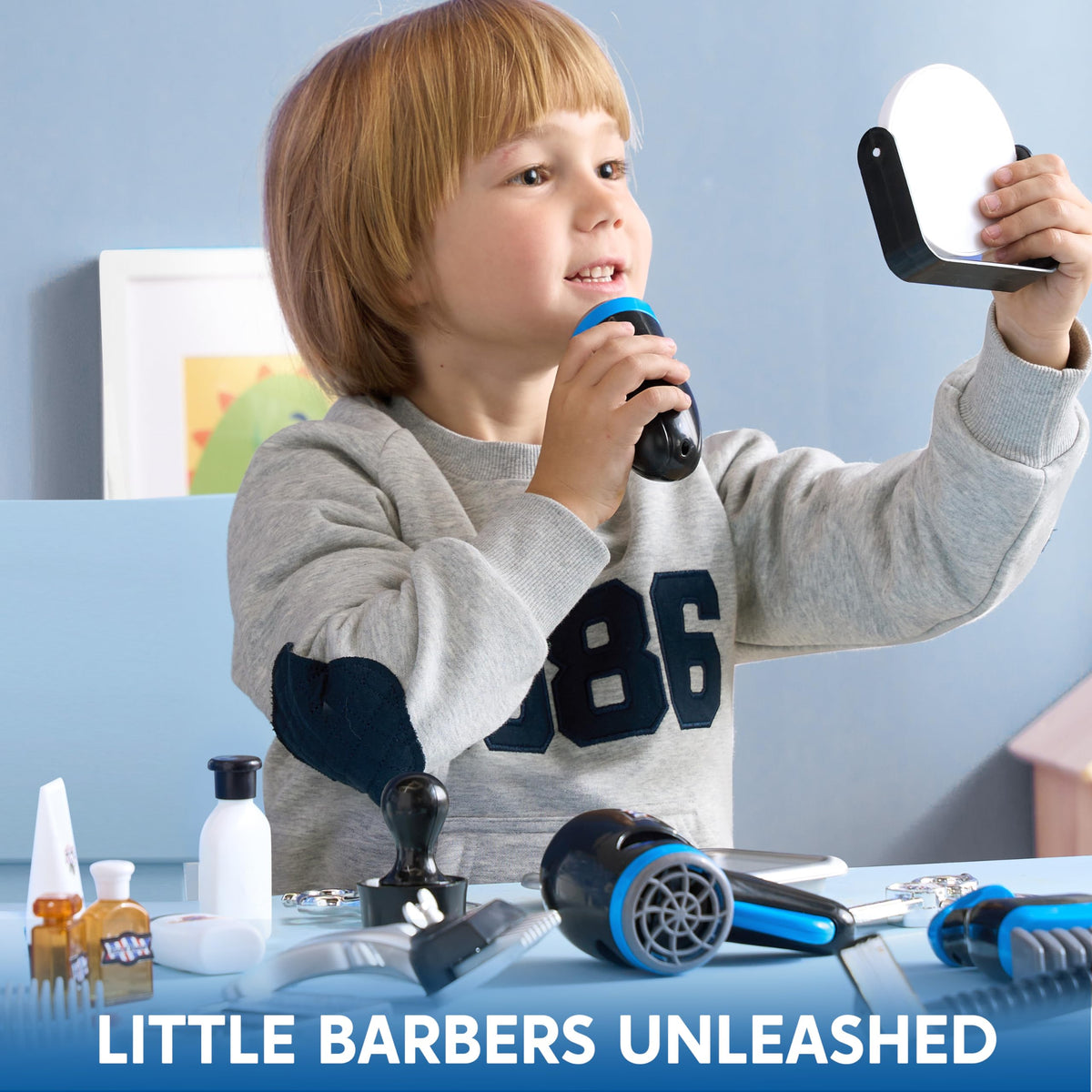 JOYIN barber shop pretend hair trimmer supports creative role play and fine motor skills.