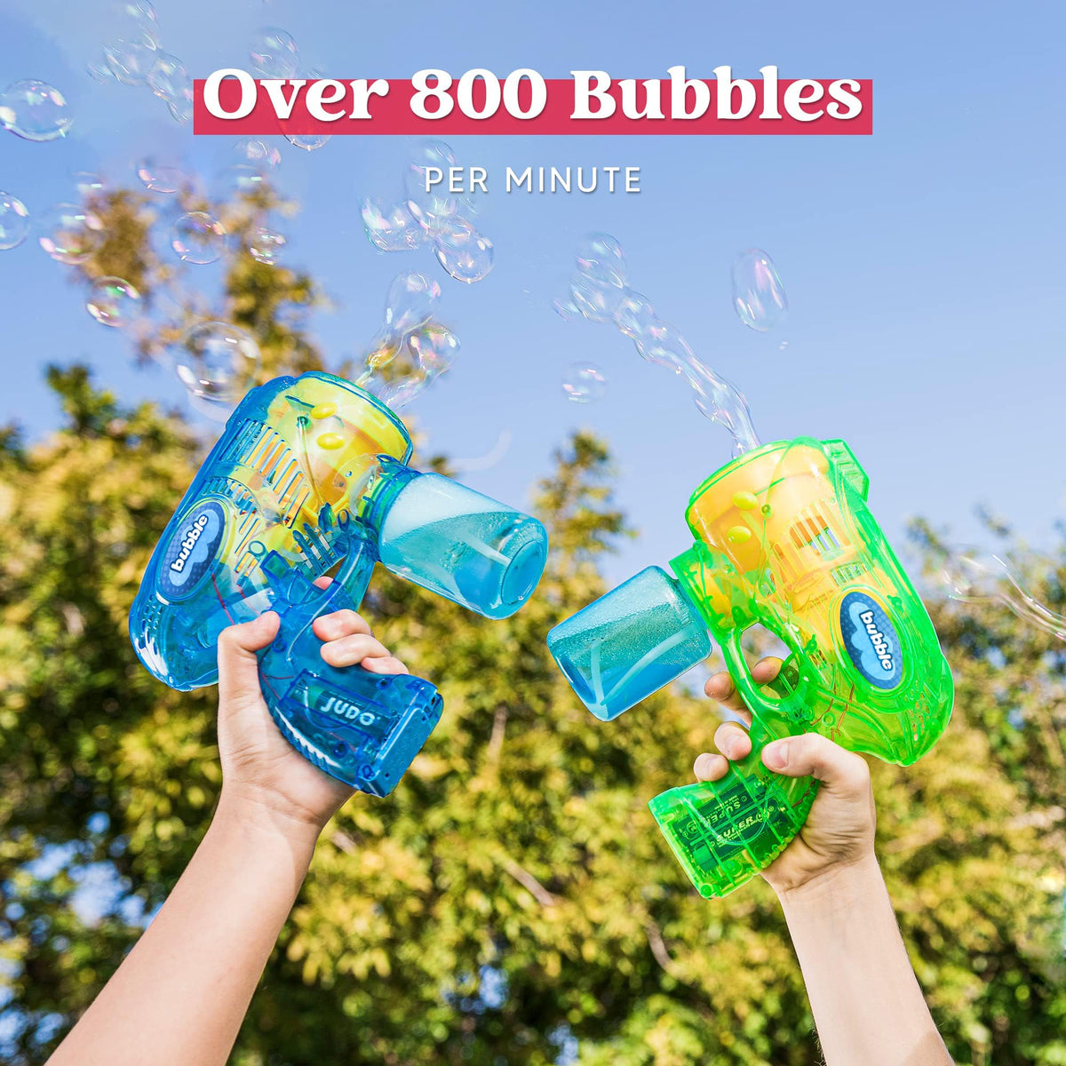 JOYIN bubble guns action captures kids enjoying bubbles outdoors.