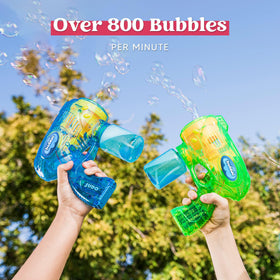 JOYIN bubble guns action captures kids enjoying bubbles outdoors.