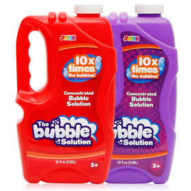 JOYIN bubble refill set with two 32 oz bottles showing long-lasting colorful bubbles
